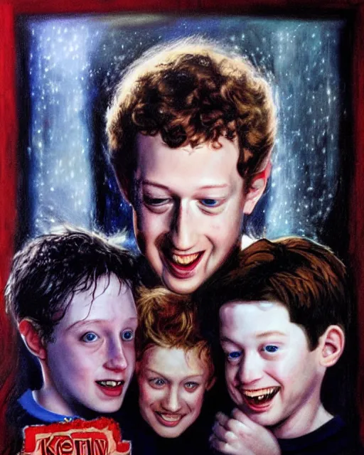 Image similar to mark zuckerberg as kevinin in home alone, airbrush, drew struzan illustration art, key art, movie poster