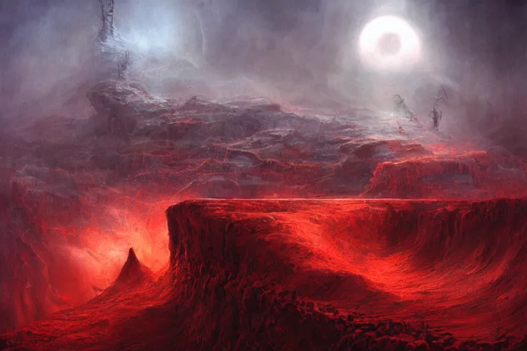 Image similar to fortress of hell, the seventh seal flung open, the horseman of the apocalypse ride, maelstrom, gehenna, chaos, the world without form and void, amazing concept painting by Jessica Rossier and HR giger and Beksinski