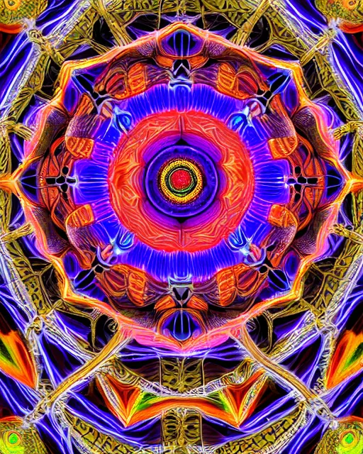 Prompt: hd mandala and yantra 3d maze puzzle made of flesh and bone and synaptic particle energy flow psychedelic color render detailed