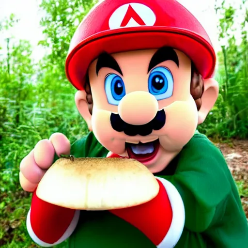 Image similar to real life photo of Super Mario sniffing a big red and white mushroom he just discovered in the woods, unable to hold back eating it with extreme glee, 4K photography