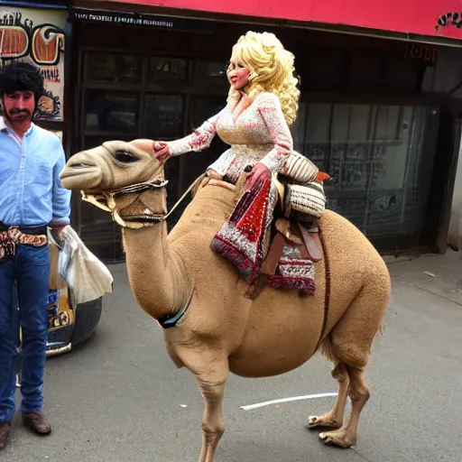 Image similar to Dolly Parton riding a camel in Slough. camel wearing a wig. camel wearing shoes. highly detailed. photorealistic. detailed faces.