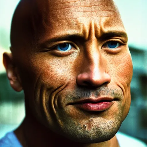 Prompt: closeup portrait of a Dwayne Johnson , new york back street , by Steve McCurry and David Lazar, natural light, detailed face, CANON Eos C300, ƒ1.8, 35mm, 8K, medium-format print