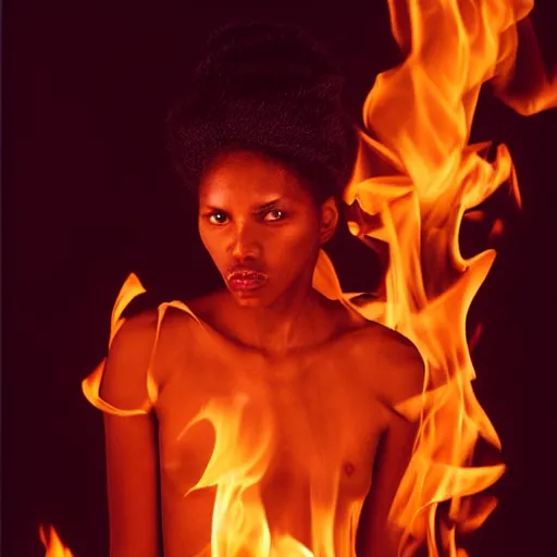 Image similar to realistic! photoshoot for a new chanel lookbook, color film photography, portrait of a beautiful woman, fire in the background, in style of tyler mitchell, 35mm