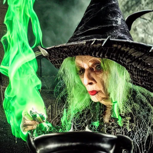 Image similar to close shot of an old fire witch brewing in her lair, detailed, witch hat, dungeon, green smoke, fire, smoke, realism, realistic, hyper detailed, green lighting, ambient lighting, smoke, haze,
