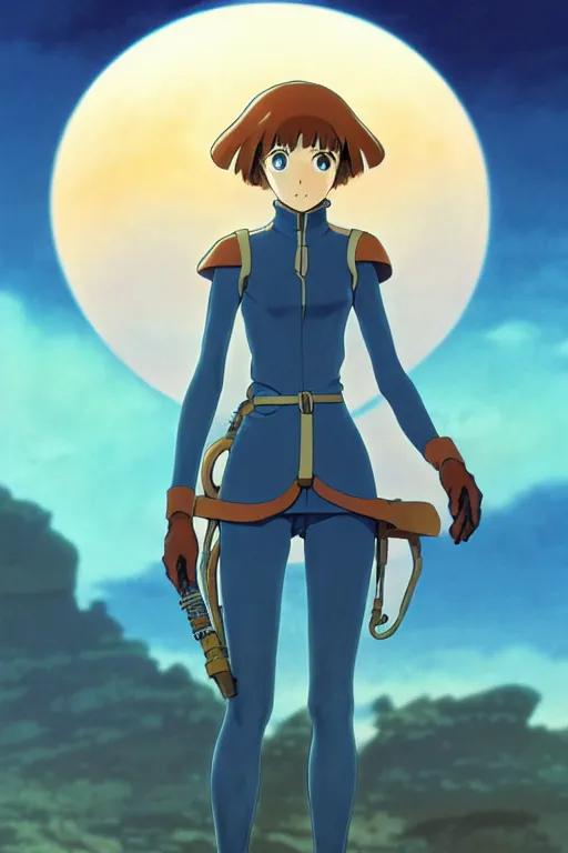 Image similar to anime art full body portrait character nausicaa by hayao miyazaki concept art, anime key visual of elegant young female, brown hair and large eyes, finely detailed perfect face delicate features directed gaze, sunset in a valley, trending on pixiv fanbox, studio ghibli, extremely high quality artwork