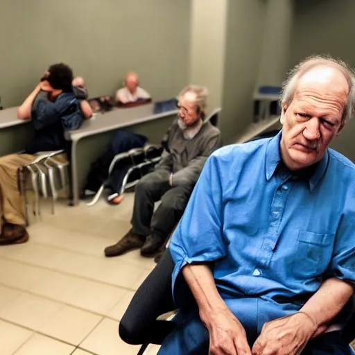 Image similar to werner herzog sits with a pair of bolt cutters in the waiting area of the dmv. wide angle, style of edward hopper, wes anderson, chris ware, award winning, photo realistic, dynamic lighting, very detailed face, 4 k