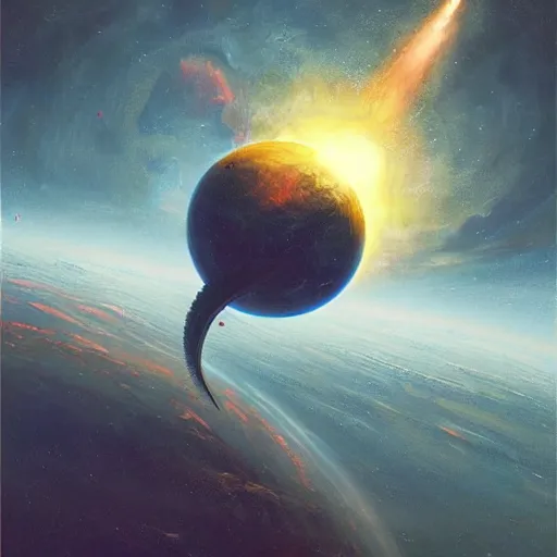 Prompt: Blue scaled cobra devouring an earth like planet while flying in space, sun system, dragon, nebula, oil painting by Greg Rutkowski