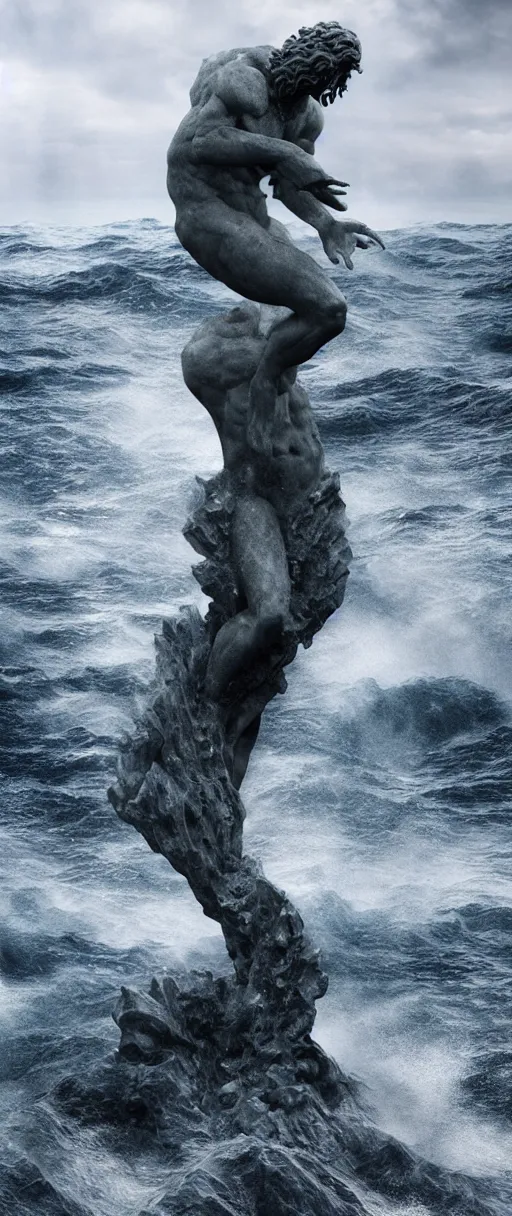 Image similar to stone sculpture of poseidon in the ocean, heavy waves, dark clouds, vivid, atmospheric, rainy, realistic, ultra detail, somber, hd, octane render, featured on artstation