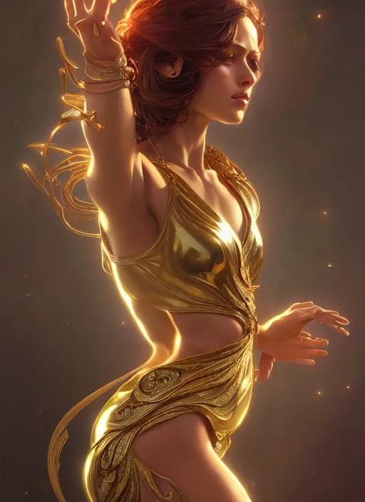 Image similar to muscular goddess dancer of the underworld, shiny, intricate, elegant, higly detailed, ultra definition, digital painting, artstation, vray, concept art, smooth, high speed photography, illustration, art by artgerm and greg rutkowski and alphonse mucha and james jean