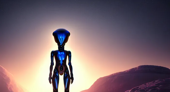 Image similar to a humanoid alien made of glowing energy wearing sleek advanced but simple armor stands in a vast alien landscape, 8 k cg render, trending on artstation