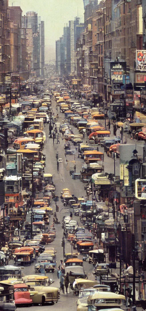 Prompt: 1 9 6 0 s bustling city street, colorized, wallpaper