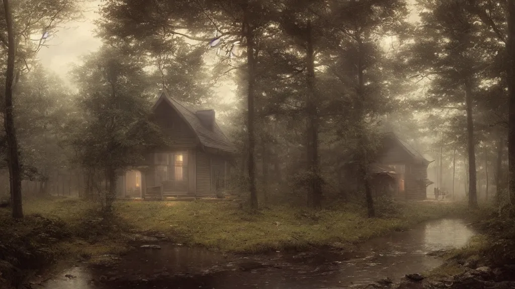 Prompt: [ a cabin in the woods, raining ] andreas achenbach, artgerm, mikko lagerstedt, zack snyder, tokujin yoshioka