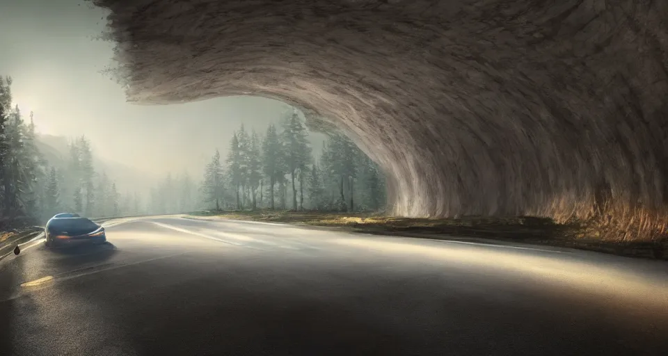 Image similar to a beautiful landscape painting, a single lane tunnel with a car driving away, in the shadows is a monster made from water, by sam guay, moody lighting, hyperrealism, 4 k, octane render