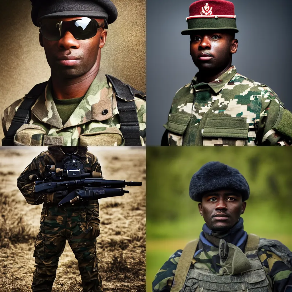 Prompt: Portrait of a black modern British army soldier in full gear, photography, cinematic lighting, 4k, award-winning