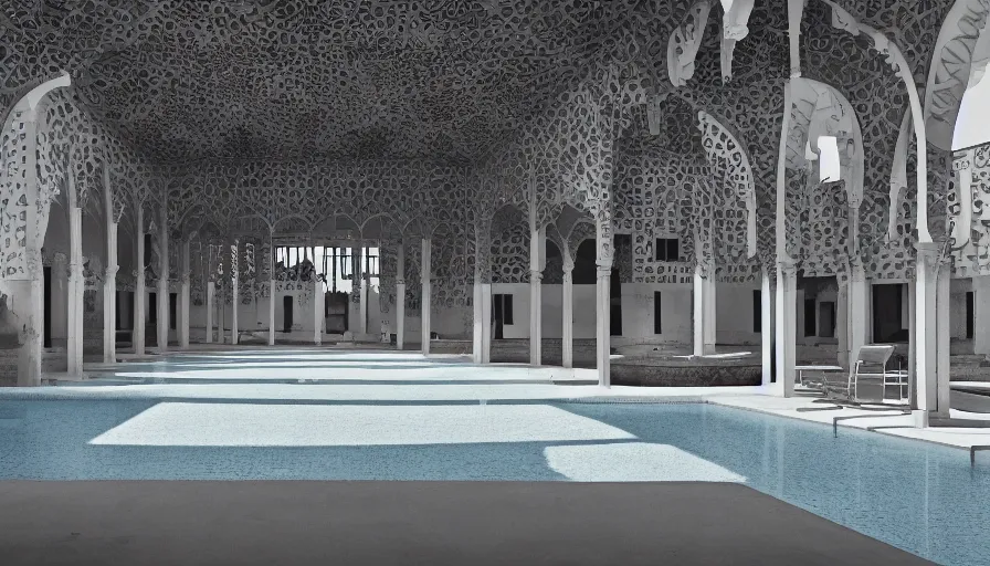 Image similar to symmetrical establishing shot of The unsettling courtyard of a monochrome modernist hotel designed by Luis Barragán, An empty swimming pool in the foreground. Walls are made of highly ornamented vaults arabesque arches Single point perspective photographed by Wes Anderson and Andreas Gursky. Cinematic, dramatic lighting, moody, eerie, illustration, uncanny, creepy Sigma 75mm, very detailed, golden hour, Symmetrical, centered, intricate, Dynamic Range, HDR,