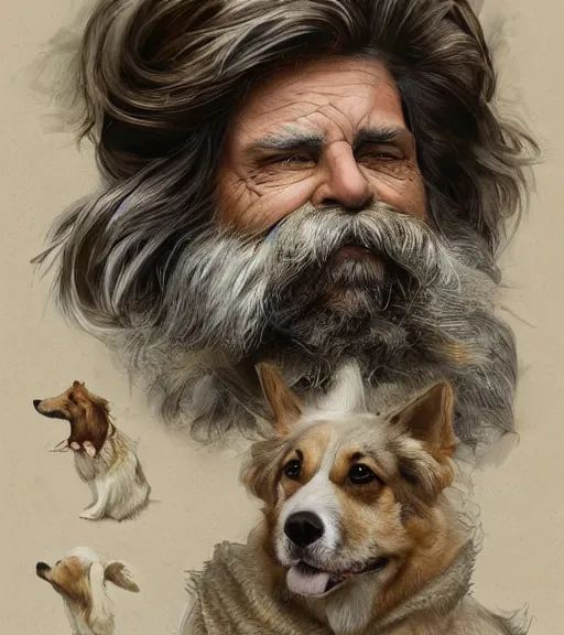 Image similar to full portrait of a old, ruggedly handsome bearded man holding corgi dog, real hands, soft hair, muscular, half body, cloth, d & d, fantasy, intricate, elegant, highly detailed, digital painting, artstation, concept art, smooth, sharp focus, illustration, art by artgerm and greg rutkowski and alphonse mucha