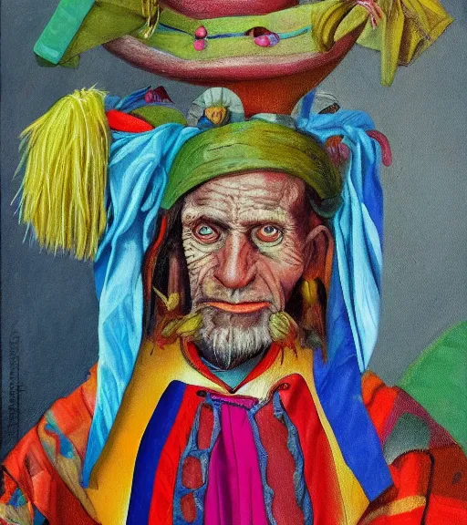 Image similar to Portrait painting in a style of Hieronim Bosch of an old shaman dressed in a colorful traditional clothes.