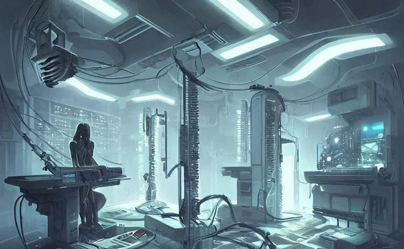 Image similar to neon surgery machine nobody cyberpunk futuristic, in a white room, art by giger, greg rutkowski
