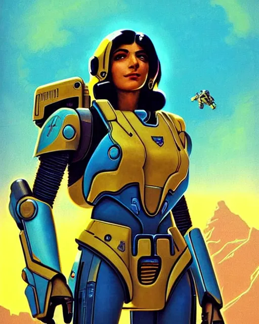 Image similar to pharah from overwatch, battletech, character portrait, portrait, close up, concept art, intricate details, highly detailed, vintage sci - fi poster, retro future, vintage sci - fi art, in the style of chris foss, rodger dean, moebius, michael whelan, and gustave dore