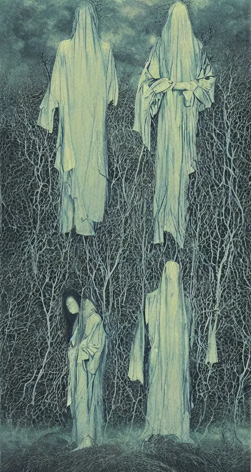 Image similar to worshippers in robes belonging to the cult of the dark forest standing in the darkness, high detailed beksinski painting, part by adrian ghenie and gerhard richter. art by takato yamamoto. masterpiece, deep colours, blue