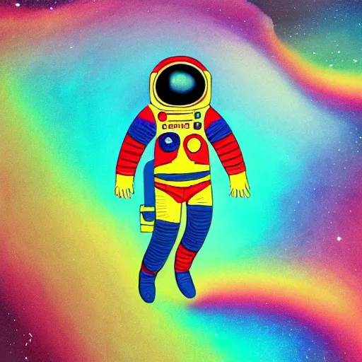 Prompt: space astronaut floating of away from the earth, complex wavy rainbow lines, particals and distortion, in the style of Ori Toor