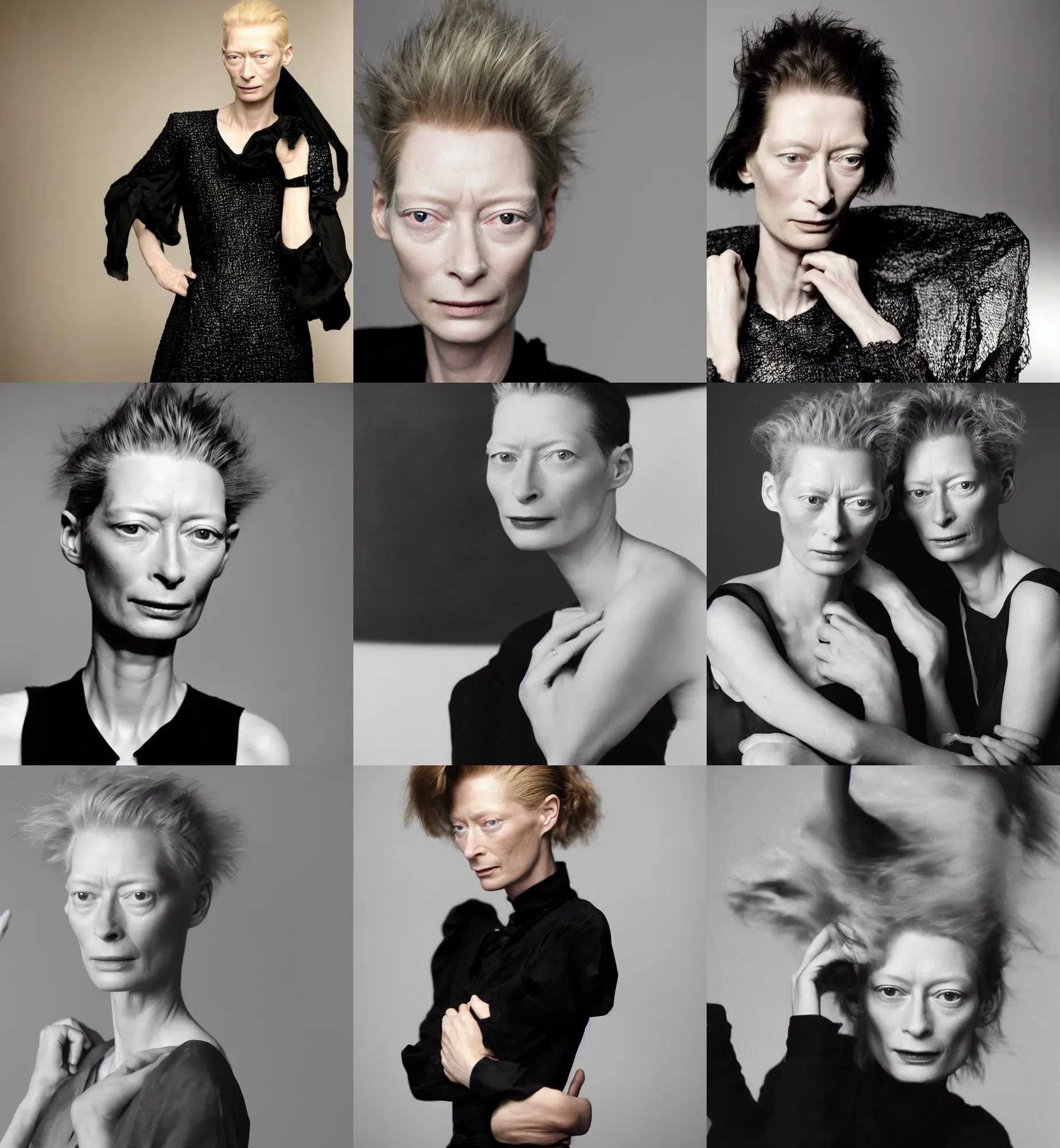Prompt: the close - up portrait photo of young tilda swinton weared in black dress in studio