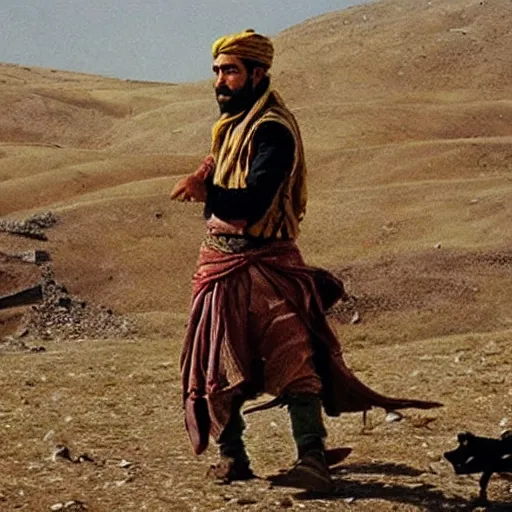 Prompt: Kurdish Kurdish shepherd wearing Kurdish Kurdish clothes in a movie directed by Christopher Nolan, movie still frame, promotional image, imax 70 mm footage