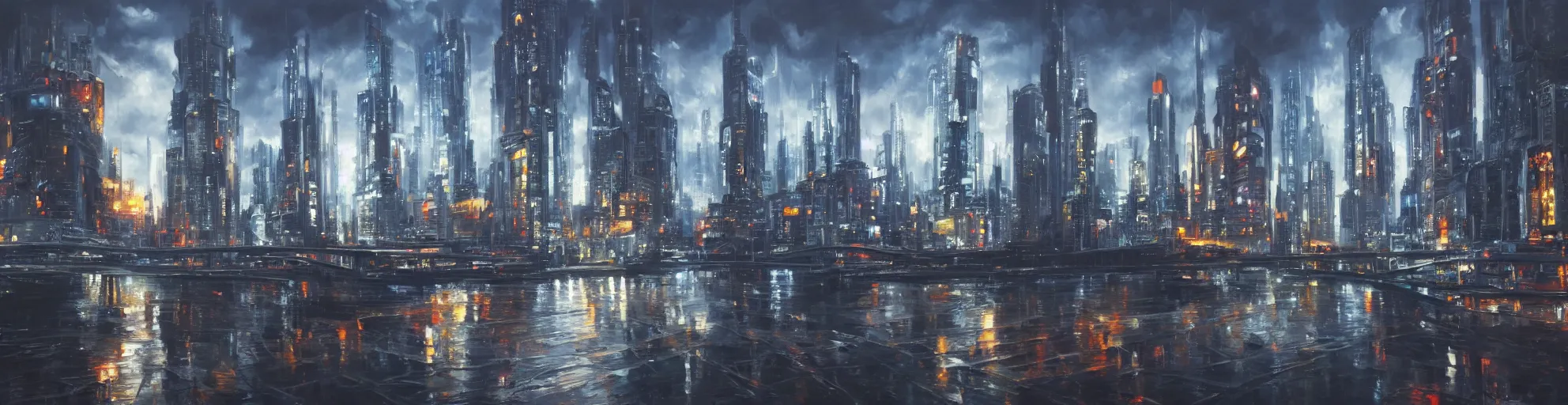 Prompt: futuristic cityscape, cinematic lighting, detailed oil painting, hyperrealistic, 8k