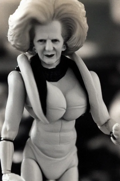 Image similar to margaret thatcher as a 1 9 8 0 s wrestling action figure