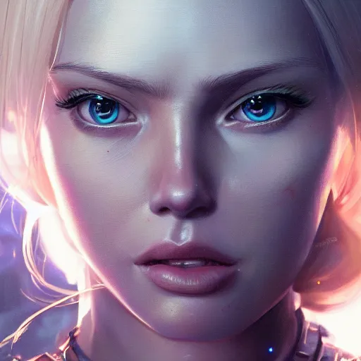 Image similar to highly detailed closeup portrait of a beautiful blonde female cyborg, in disney, stephen bliss, unreal engine, art by greg rutkowski, loish, rhads, ferdinand knab, makoto shinkai and lois van baarle, ilya kuvshinov, rossdraws, tom bagshaw, global illumination, radiant light, detailed and intricate environment