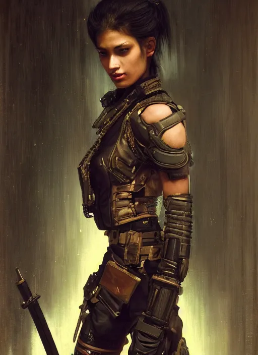 Image similar to Adriana. beautiful cyberpunk Samurai woman wearing a military vest and military jumpsuit (cyberpunk 2077). gorgeous african face. Iranian orientalist portrait by john william waterhouse and Edwin Longsden Long and Theodore Ralli and Nasreddine Dinet, oil on canvas. Cinematic, hyper realism, realistic proportions, dramatic lighting, high detail 4k