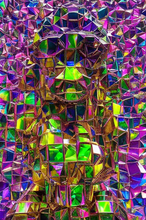 Prompt: a multicolored bismuth golem, an abstract sculpture by ryusei kishida, polycount, crystal cubism, angular, iridescent, made of crystals