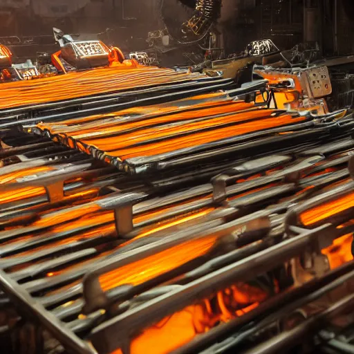 Image similar to rows of toaster oven mecha heads on conveyor belt, dark messy smoke - filled cluttered workshop, dark, dramatic lighting, orange tint, sparks, cinematic, highly detailed, sci - fi, futuristic, movie still