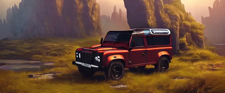 Image similar to Land Rover Defender 110 (1985), an epic fantasy, dramatic lighting, cinematic, establishing shot, extremely high detail, photorealistic, cinematic lighting, artstation, by simon stalenhag, The Elder Scrolls V: Skyrim, High Hrothgar