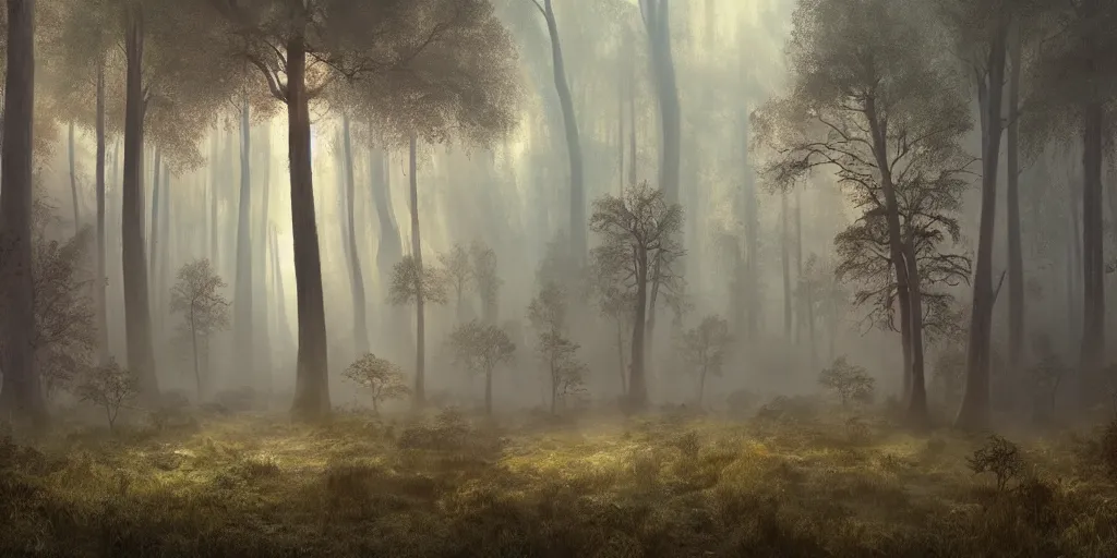 Image similar to highly detailed, intricate stunningly beautiful image of a forest , photorealistic, dusty and smokey, 8k, ethereal,matte painting, stunning atmosphere, morning,beautiful lit by Andrei Riabovitchev and Jacek Szynkarczuk and Zdzisław Beksiński