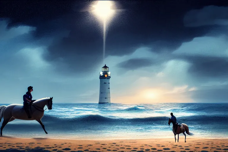 Image similar to photo of man riding a horse along the beach, glowing underwater waves toward a lighthouse in the distance guiding his way, silhouette, wide horizon, large white clouds, flying birds, night, intricate, elegant, highly detailed, digital painting, artstation, concept art, smooth, sharp focus, illustration, art by artgerm and greg rutkowski and fra angelico