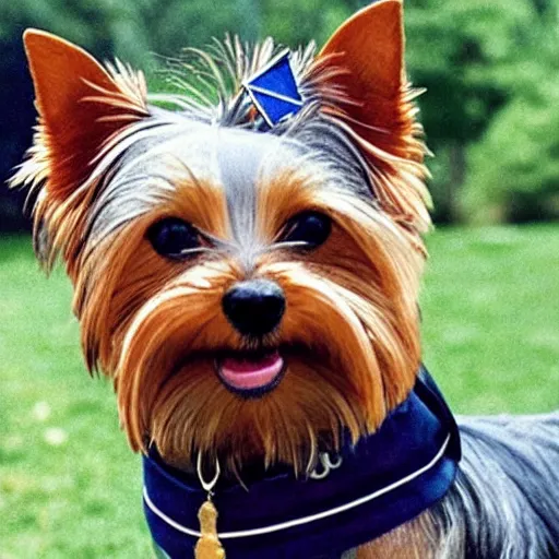 Prompt: a real life photo of a yorkie dog who built a town wearing a medal, 1 9 9 8 photo, realistic, detailed, old film