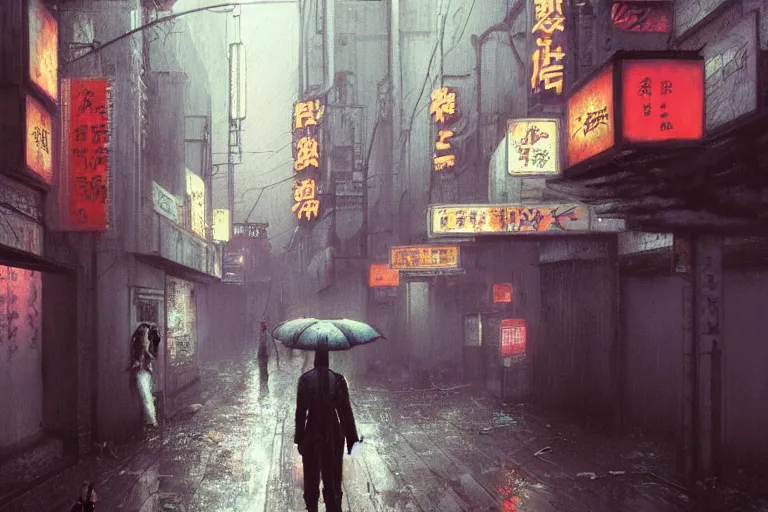 Prompt: a dystopian cyberpunk painting of a rain soaked back street in osaka at dusk, neon lights, dark figures walking, digital art, trending on artstation, horror, dark university aesthetic, by studio ghibli and greg rutkowski. zdzisław beksinski!!!!! spirited away. trending on artstation, hyperrealism, highly detailed, 4 k