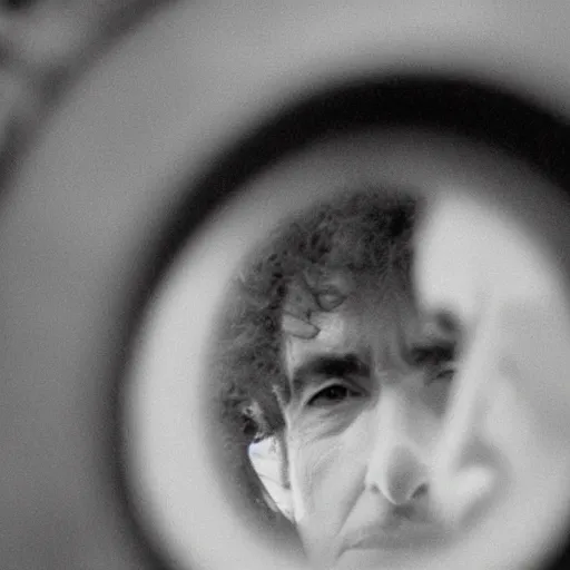Image similar to closeup of a keyhole with bob dylan peering in on the other side