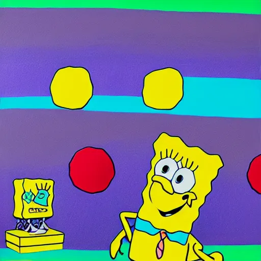 Prompt: an acrylic painting of SpongeBob by KAWS, wild brush strokes, beautiful gradients, mixed media, award winning painter, symmetrical design 8k painted by KAWS