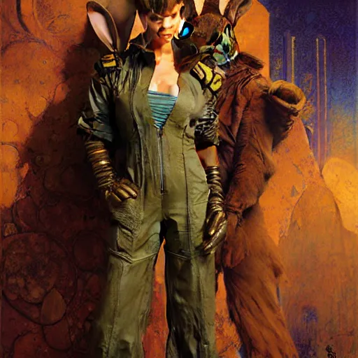 Image similar to portrait of a rabbit wearing a jumpsuit. shadowrun furaffiniy cyberpunk fantasy highly detailed painting by gaston bussiere craig mullins jc leyendecker gustav klimt artgerm greg rutkowski john berkey, bergey, craig mullins, ruan jia, raymond swanland, jeremy mann, tom lovell, alex malveda