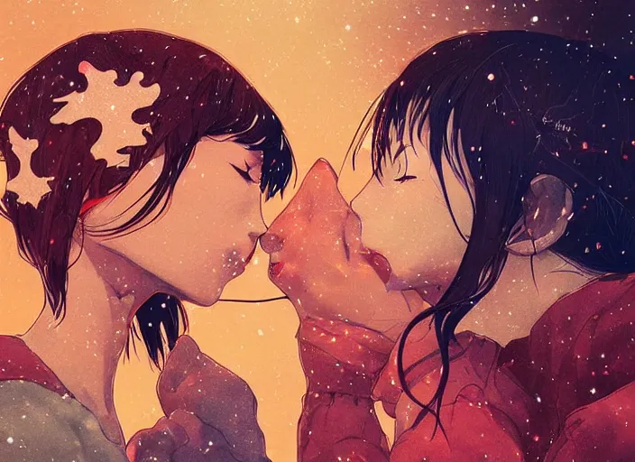 Image similar to two woman kiss next to a campfire, cozy, night sky, digital art, highly detailed face, beautiful face, portrait, by conrad roset, by wlop, anime style, octane render