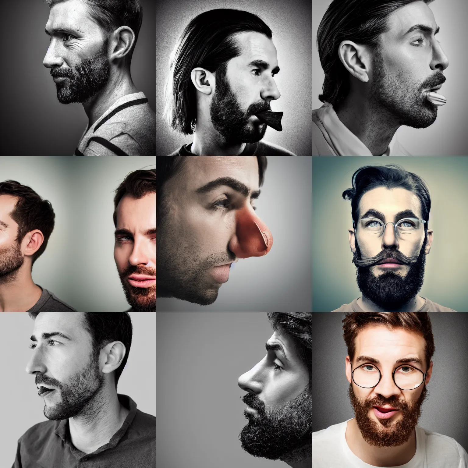 Prompt: pinocchio nose on a hipster man. hyper realistic high key profile headshot photograph.