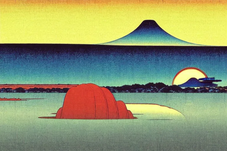 Prompt: an unknown spaceship which travels through the night sky, photoillustration ink drawing acrylic art digital illustration oil on canvas photorealistic polished sci - fi ukiyo - e david rios ferreira filmic stock photo landscape polished photorealistic, by kawase hasui, moebius and edward hopper, vivid bright light, colorful flat surreal design, hd, 4 k, artstation