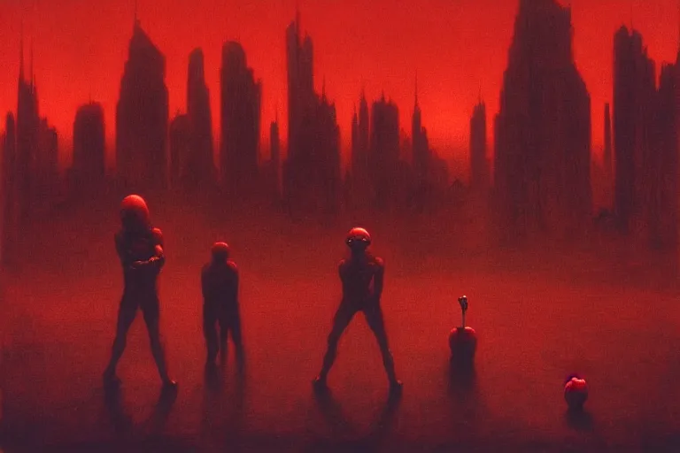 Image similar to only with red, red god of death eat apple, a futuristic city on mars in the background, red worms on the floor, in the style of beksinski, part by hopper, part by rodcenko, part by hofbauer, intricate composition, red by caravaggio, insanely quality, highly detailed, masterpiece, red light, artstation, 8 k