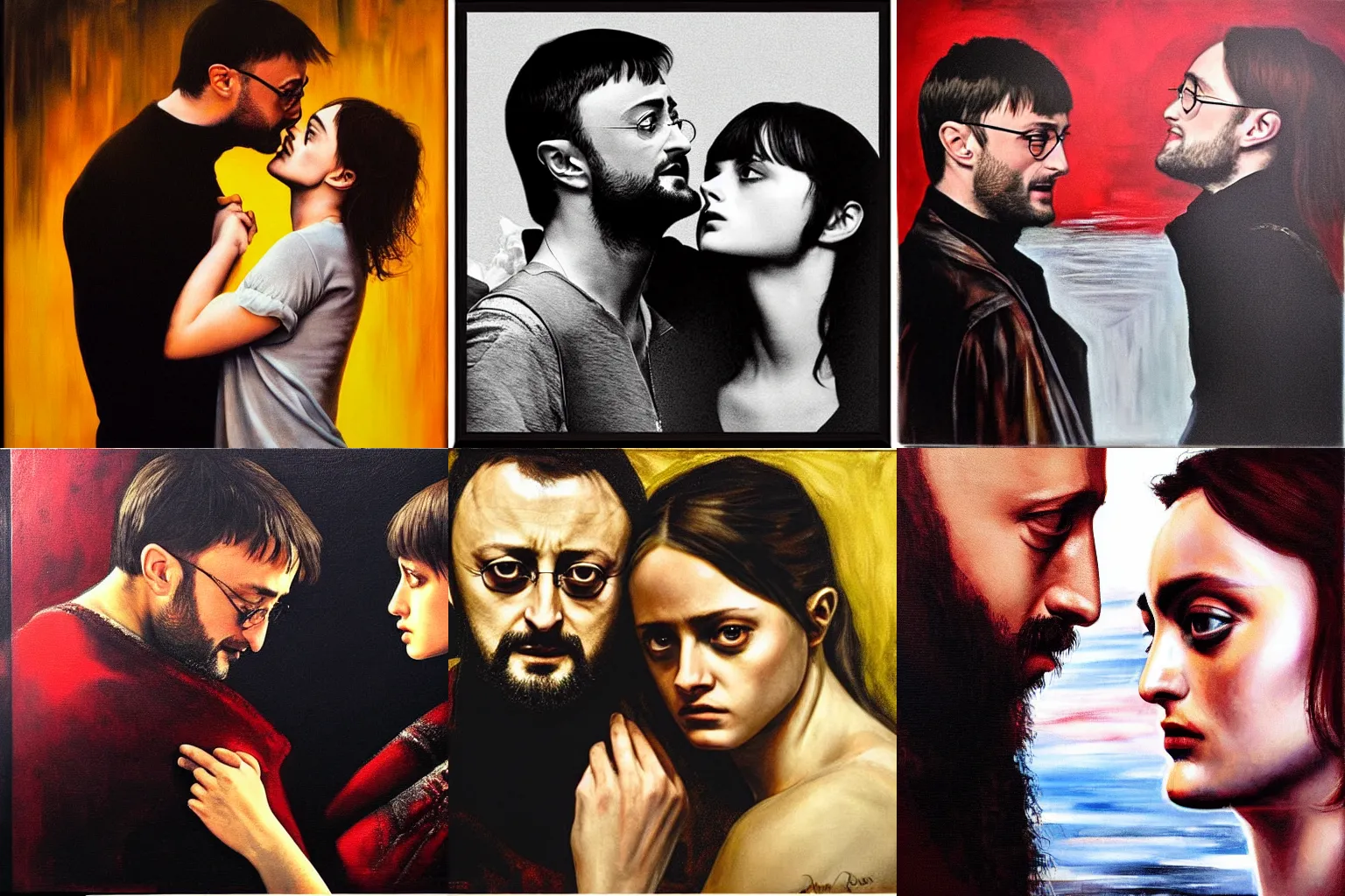 Prompt: Romeo (Jean Reno) and Juliet (daniel radcliffe), are looking at each other romantically. dramatic, high contrast, romantic, theatrical, lumnious, cinematic lights, oil canvas by Csók István, Munkácsi and Hollósy Simon