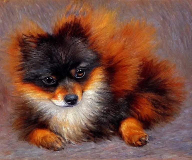 Prompt: black and brown pomeranian, cute, monet, oil painting