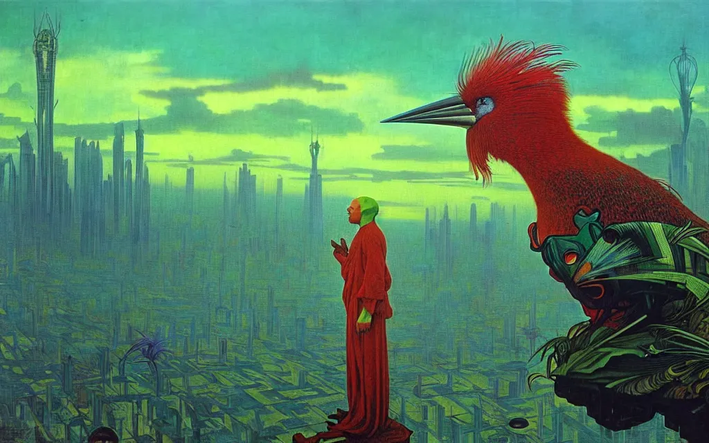 Image similar to realistic detailed portrait movie shot of a birdman wearing green robes, futuristic city sunset landscape background by denis villeneuve, yves tanguy, alphonse mucha, ernst haeckel, max ernst, roger dean, masterpiece, rich moody colours, feathers, ethereal, occult, blue eyes