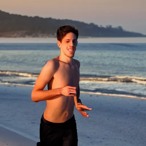 Image similar to pete davidson running on the beach along the ocean in the morning sunshine