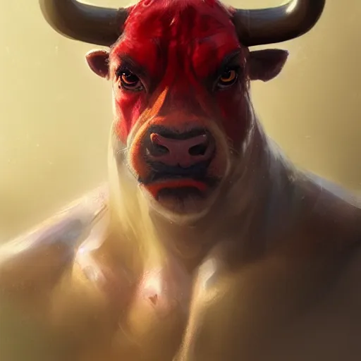 Image similar to a award winnimg commission portrait of a fit anthro bull wearimg a red tracksuit,digital art,art by greg rutkowski,character design by charles bowater,professional character design,ross tran,artstation,deviantart,photorealistic,detailed face,hyperdetailed,4k